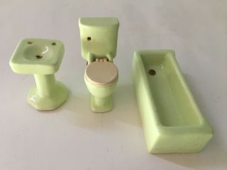 Vintage Dollhouse Miniatures Bathroom Green Porcelain Sink Tub Toilet Vanity