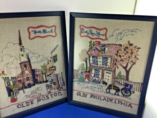 Two Vintage Hand Embroidered Picture Panels Framed Olde Boston Olde Philadelphia
