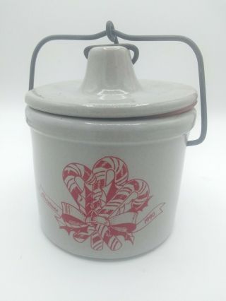 Vintage Stoneware Ceramic Cheese Crock With Lid & Seal Christmas 1990 Candy Cane