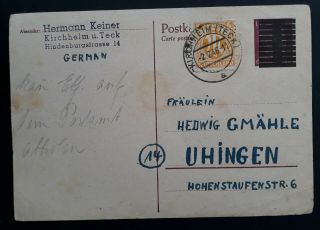 Rare 1946 Germany (allied Zone) Postcard Ties 6 Pfg Stamp Cancelled Kirchheim