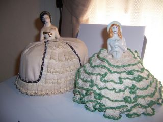 Vintage Hand Made Pin Cushion Doll 2 Together Lace And Crochet