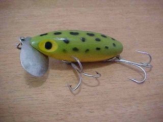 Vintage Jitterbug Fred Arbogas Fishing Lure Black Spots On Green & Yellow S