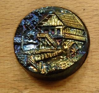 Wow 3/4 " Carnival Luster Mill Glassblack Antique Button 13:21