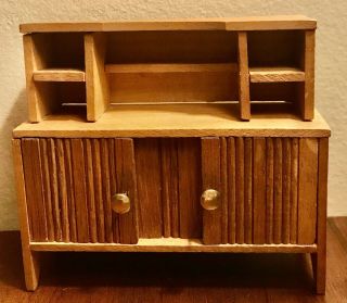 Vintage Dollhouse Wood Oak Furniture Open Hutch Cabinet Two Doors Brass Handles