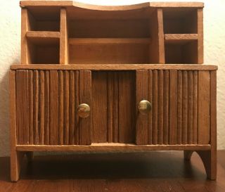 Vintage dollhouse wood oak furniture open hutch cabinet two doors brass handles 2