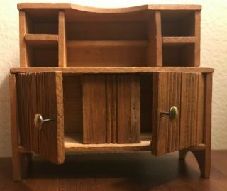 Vintage dollhouse wood oak furniture open hutch cabinet two doors brass handles 3