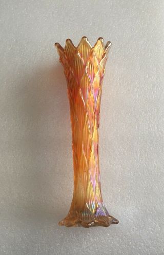 L@@k Dugan Lined Lattice Marigold Carnival Glass Vase Rare 11”