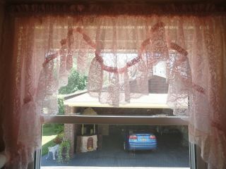 Pink Lace Curtain Valance Swag with Inserts Floral Vintage 1980 ' s 2