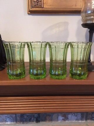 Vtg Green Depression Glass Paneled Tumblers W/dotted Pattern Set Of 4 Euc Rare