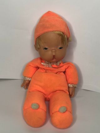 Vintage 1970 Mattel Baby Beans Bedsie Bean Yawning In Neon Orange Pjs Doll