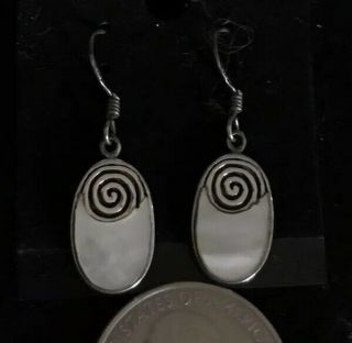 Vintage Mother Of Pearl 925 Sterling Silver Earrings Art Deco Hooks Tribal