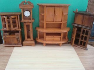 4 Wooden Dollhouse Miniature,  Furniture,  Grandfather Clock,  China Cabinet,  Pantry,  5 "