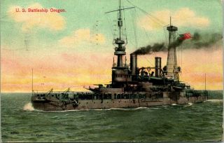 Antique Postcard " U.  S.  Battleship Oregon " 1914