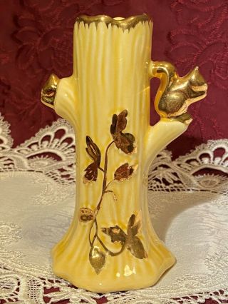 Vintage Squirrel In Yellow Tree Trunk Vase - Trim Is 22kt.  Gold