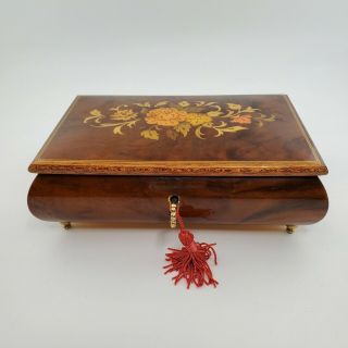 Rare Vtg Italian Wood Floral Inlay Box Made In Italy And Music Box Switzerland