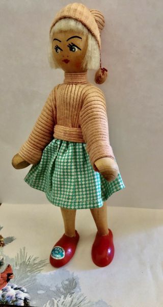 Vintage All Wooden Jointed Doll Carved In Poland In Handmade Clothing 7 1/2”