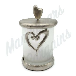 Vintage Frosted Glass And Pewter Heart Motif Covered Votive Candle Holder