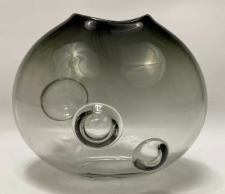 Rare Handmade Mid - Century Modern Smoked Glass Oval Vase W/ Controlled Bubbles