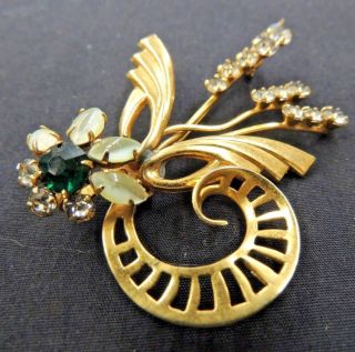Vintage Goldtone Green Clear Frosted Rhinestones Floral Brooch Pin Flower Wings