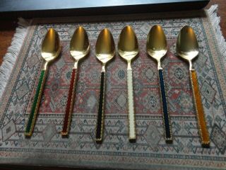 Set Of 6 Vtg Gold Wash Demitasse Spoons Enamel Handles