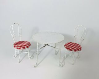 Vintage Miniature Dollhouse Bistro Furniture Metal Table W/ 2 Chairs White & Red