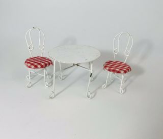 Vintage Miniature Dollhouse Bistro Furniture Metal Table w/ 2 Chairs White & Red 2