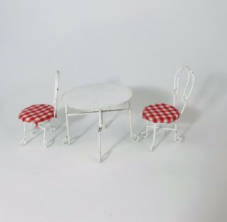 Vintage Miniature Dollhouse Bistro Furniture Metal Table w/ 2 Chairs White & Red 3