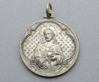 Christ,  Saint Virgin Mary.  Sacred Heart.  Antique Religious Medal.  Pendant Penin.