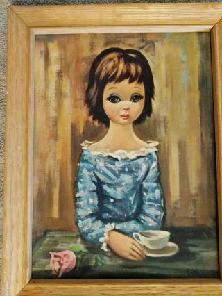 Vintage Print Big Eyes Harlequin Girl Pierrette By Eden - Wood Frame 9 X 7.  5