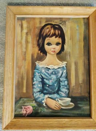 Vintage Print Big Eyes Harlequin Girl Pierrette by Eden - wood frame 9 x 7.  5 2