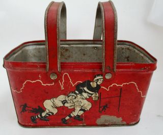 Antique 1930s Decoware Children Playing Sports Metal 2 Handle Lunch Box No Lid