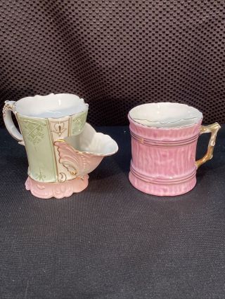 Antique Hand Painted Shaving Mugs With Gold Detail Trim Pink,  Green,  White