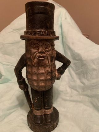 Vintage Planters Mr.  Peanut Cast Iron Bank With Painted Rusted Antique