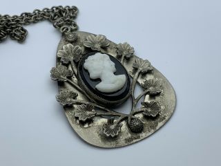 Gorgeous Large Antique Cameo Brooch Necklace W/ Chain Silver Purity