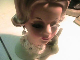 Rare Vintage 1950’s 6” Napcoware Lady Head Vase C6428 Green Glove with Daisies 3