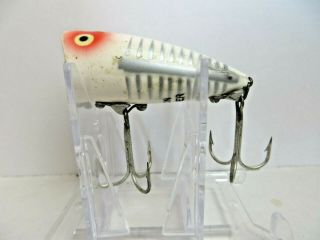 Vintage Fishing Lure Heddon Chugger Jr White Gray Stripes/bones Red At Eye F056