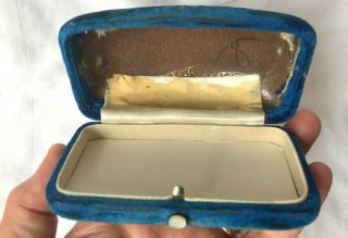 Antique Velvet Jewelry Box Case Mother of Pearl Push Button Catch Gift Vtg Blue 3