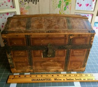 Antique Childrens Doll Clothes Hump Back Wooden Trunk