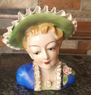Vintage Rare Japan 5 " Porcelain Lady Head Vase Green Blue Ruffles