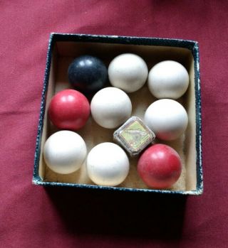 Box Of 9 Antique 1/4 Size Billiard Balls And Chalk Shagreen Covered Box