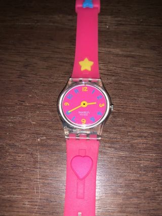 Vintage Swatch Watch 502 Neon Pink Heart Blue Butterfly Yellow Star