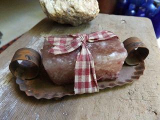 Small Primitive Tin Soap Dish With Rustic Hand Made Soap & Gingham Ribbon