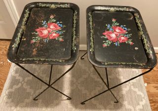 Pair Vintage Black Metal With Wrought Iron Legs Floral Folding Tv Trays