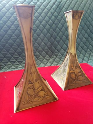 Vintage Art Nouveau Footed Brass Candlesticks Holders Signed