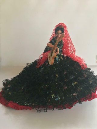 Vintage Marin Chiclana Flamenco Dancer - Black Floral Gown Made In Spain 12 "