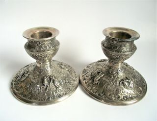 Victorian Pair Antique Barbour Silverplate Repousse Scene Candlestick Holder