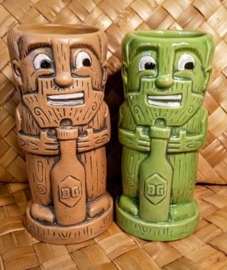 Rare Pair Bg Reynolds Tiki Mugs In Kickstarter Green And Tan Munktiki 2018