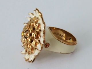 Akkad Gold Tone Rhinestone Enamel Flower Cocktail Ring Size 7.  5 Rare