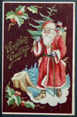 Santa Claus American Flag Tree Toys Antique Patriotic Christmas Postcard - A940