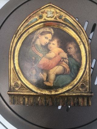 Antique Italian Print Madonna & Child Old Master Style In Gilded Plaster 13”